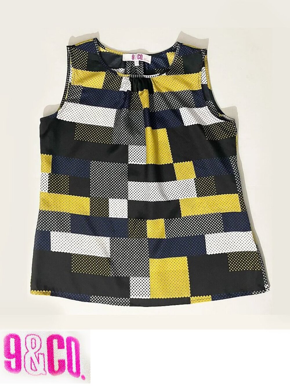 9 & Co. Sleeveless Top w/Abstract Pattern Blue, Yellow, White, Black | Size XS
